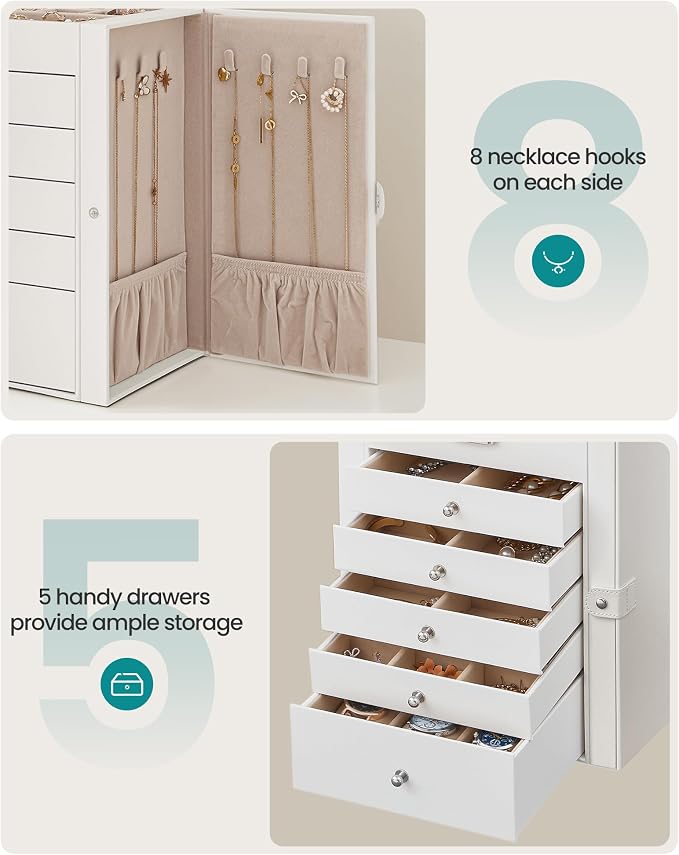 SONGMICS Jewelry Box Organizer, 6-Layer with 5 Drawers, White | Jewelry Storage Case with Lock and Mirror, Large Storage Capacity, for Necklaces, Watches, Gift for Loved Ones UJBC152W01 - Image 8