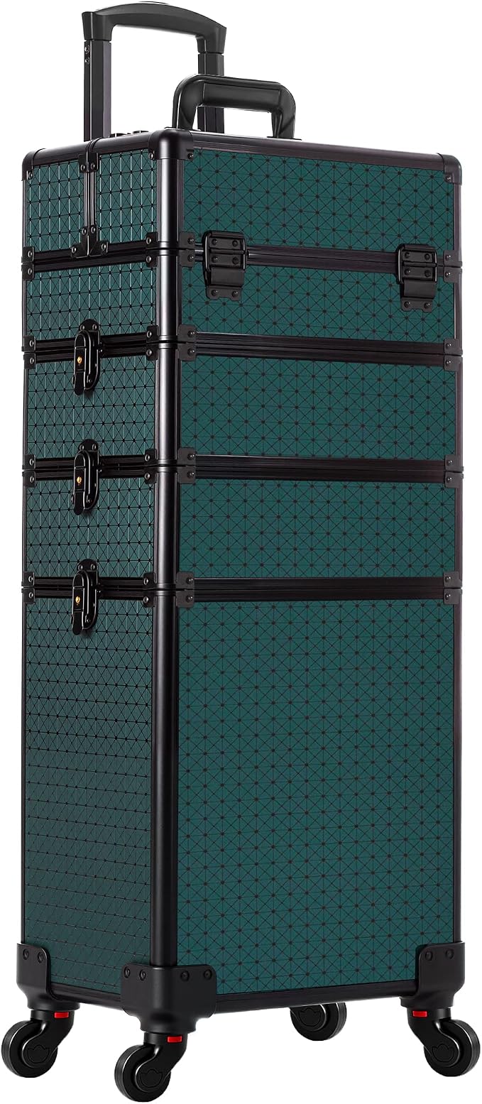 AROUS Rolling Makeup Train Case 4 in 1 Cosmetology Case on Wheels Large Storage Cosmetic Trolley with Key Salon Barber Traveling Cart Trunk, Green - Image 9
