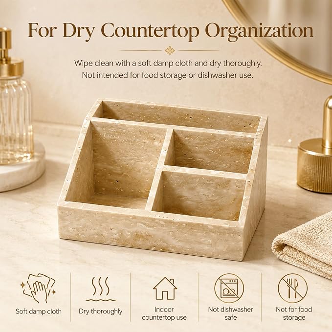 Travertine 4-Compartment Desk Organizer, Beige | Natural travertine with 4 compartments for pens, makeup brushes, skincare bottles, office supplies and vanity items - Image 9