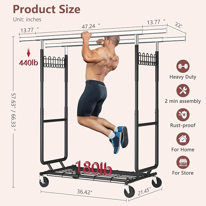 Hoctieon 2-Minute Assembly Double Rod Clothes Rack, Heavy Duty Rolling Clothing Racks with Wheels, Foldable Commercial Garment Rack, Extendable Hanging Bar, Adjustable Metal Pole with Hooks, Black - Image 9
