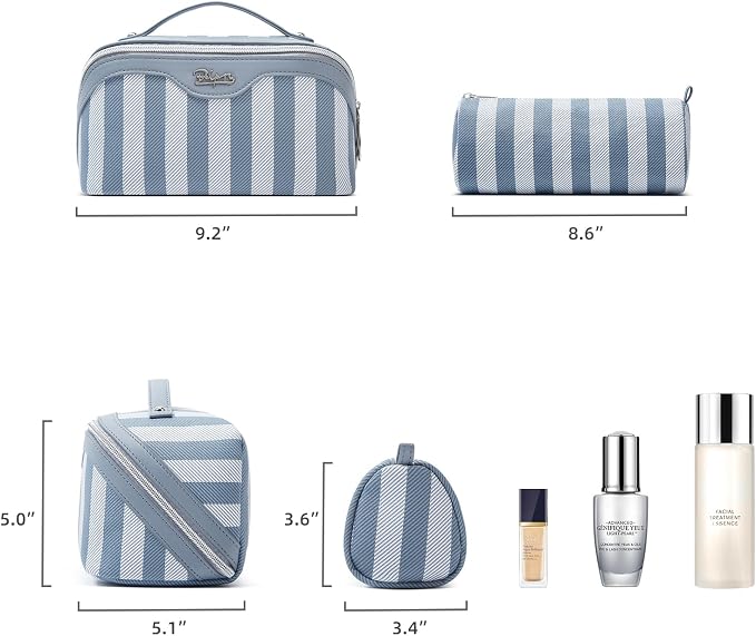BOYATU Travel Makeup Bag Cosmetic Bag for Women: 3 Pcs Set Striped Make up Bag with Compartments - Waterproof Vegan Leather Toiletry Bags with Handle - Makeup Organizer for Travel Essentials(A-1-Blue) - Image 9
