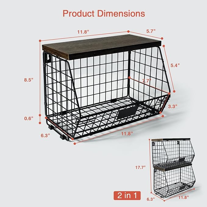 Goozii Hanging Wall Fruit Basket for Kitchen Counter 2 Pack, Stackable Wire Baskets for Organizing with Wood Lid, Potato and Onion Storage Bin with Banana Hook for Vegetable Produce, Black + Rustic - Image 7