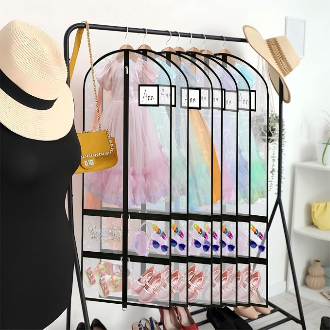 6 Pcs 24'' x 50'' Clear PVC Garment Bag Dance Costume Competition Bag with Rack Zippers Pockets Hanging Garment Covers Costume Organizer Costume Carrier for Adults Kids(Transparent Black) - Image 6