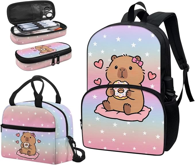 Capybara Donuts Backpack for Kids, Girl Cute Backpack School Bookbags with Insulated Lunch Box Pencil Case 3 in 1, Lightweight Backpack for Travel - Image 6