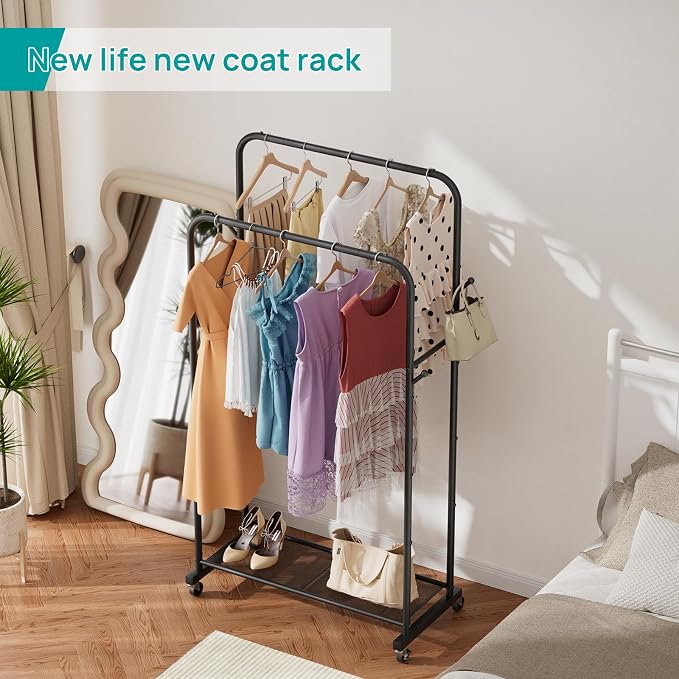 SINGAYE Wardrobe Standing Closet Clothing Rack With Shelf Hanging Clothes | Wardrobe Open Compact Small Metal Garment Hanger Stand Alone Free Standing Black Closet Rack Storage Organizer Heavy Duty - Image 9