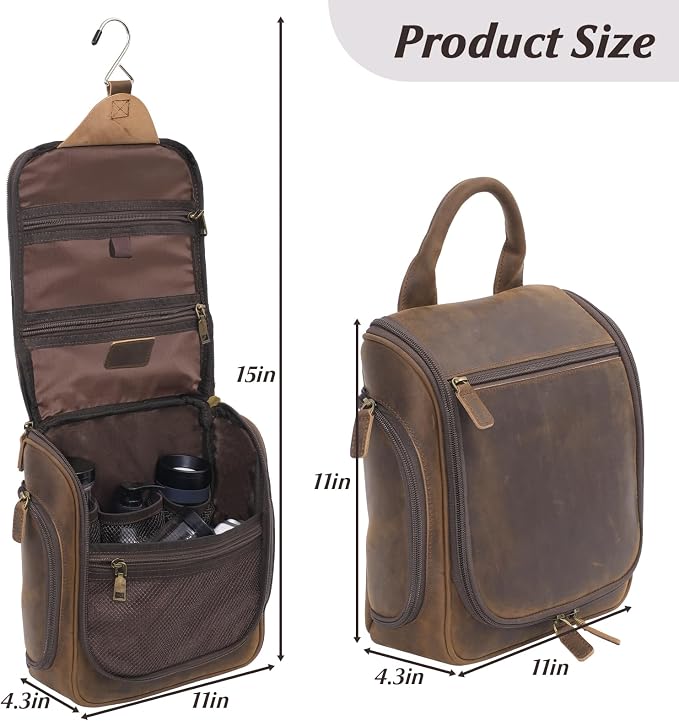 Versatile Genuine Leather Travel Hanging Toiletry Bag, A Dark Brown Hanging Makeup Organizer for Men or Women, Water-resistant Shaving Kit Bag Suitable for Camping and Travel Trips - Image 8