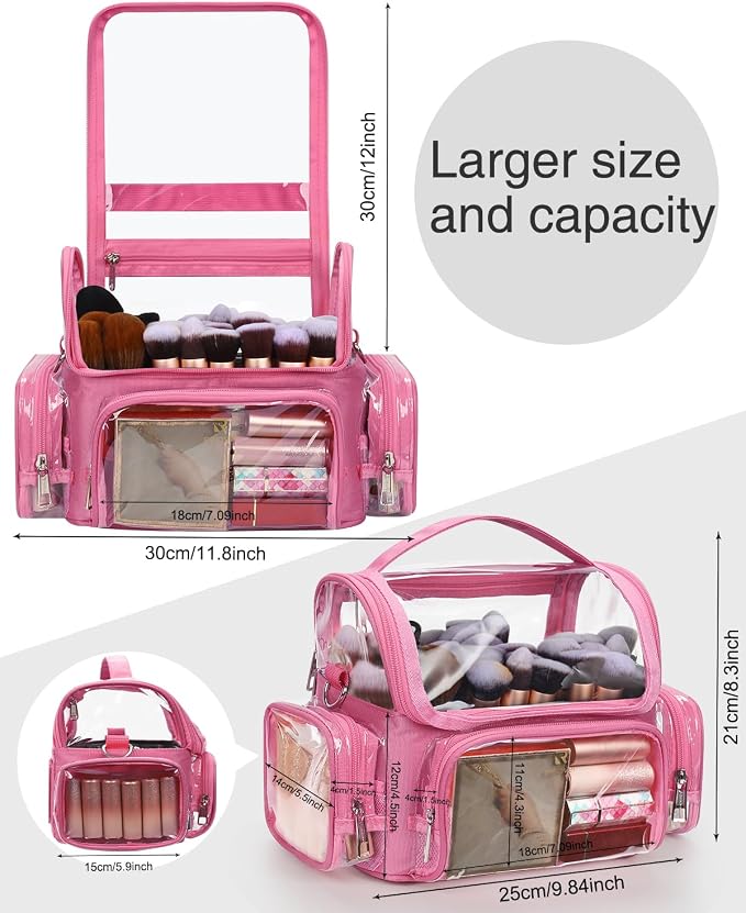 NAONAYA Pink Makeup Brush Bag, Large Makeup Brush Holder Professional Makeup Artist Travel Case Clear Waterproof Cosmetic Organizer Bag, Full Open Easy to Access, with Adjustable Strap and Dividers - Image 8