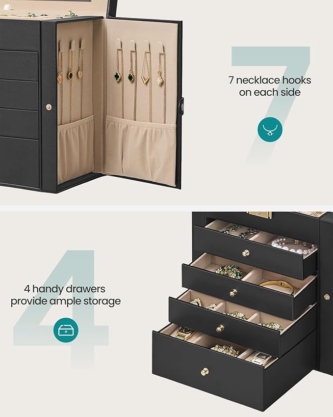 SONGMICS Jewelry Box Organizer, 5-Layer with 4 Drawers, Ink Black | Jewelry Storage Case with Lock and Mirror, Large Storage Capacity, for Necklaces, Watches, Gift for Loved Ones UJBC153BZ01S - Image 6