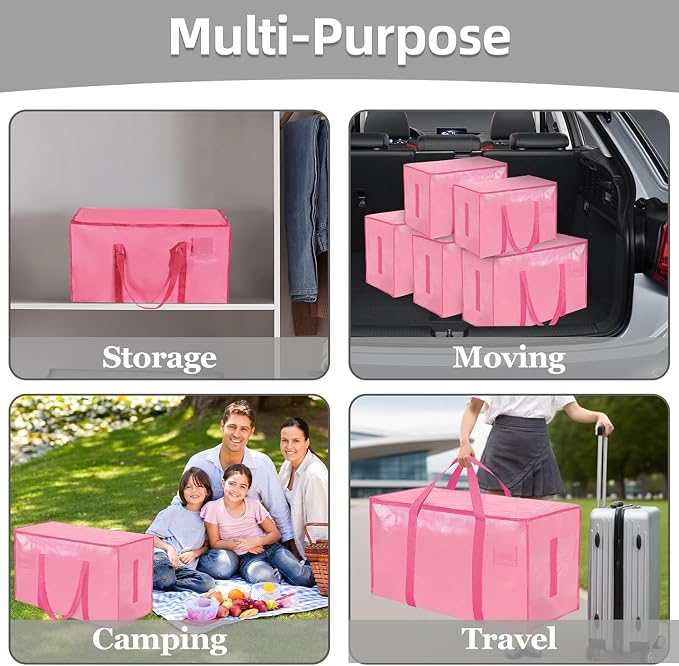 Extra Large Heavy Duty Moving Bags - Waterproof Storage Totes with Reinforced Handles & Zippers, Foldable for College Dorm Essentials, Clothes Storage & Travel (4-Pack Pink) - Image 7