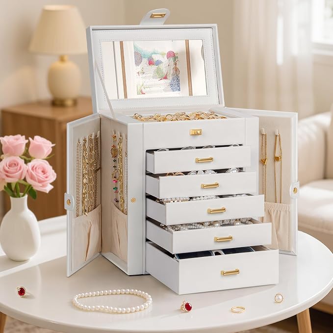 AKOZLIN 6-Tier Jewelry Box Organizer Functional 5 Drawers Leather Jewelry Storage Case for Women Girls Ring Necklace Earring Bracelet Holder Organizer with Mirror Medium White - Image 7