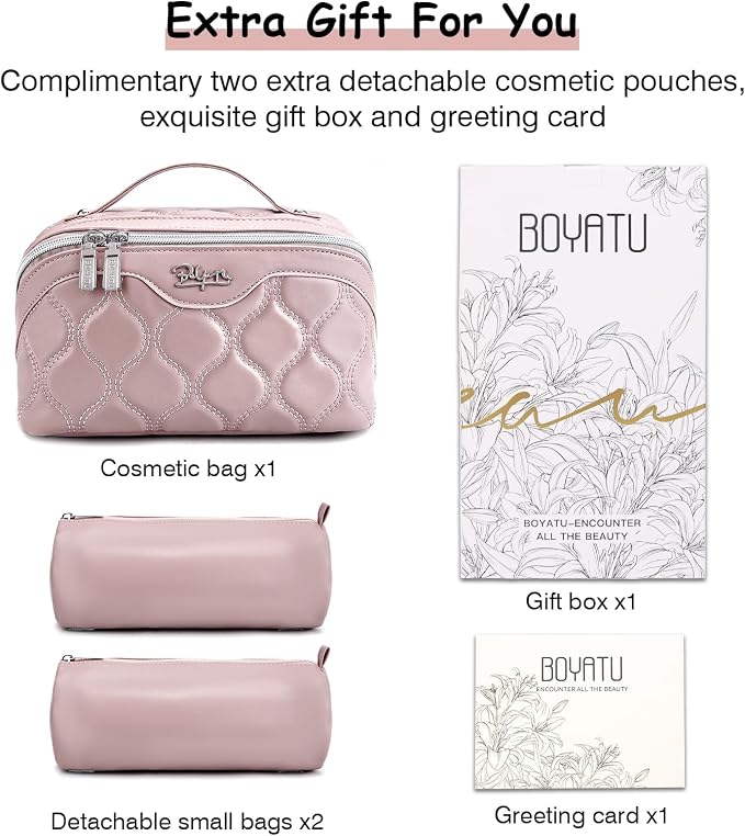 BOYATU Travel Makeup Bags for Women Cosmetic Bag: Puffy Make up Bags Set of 3 - Vegan Leather Makeup Organizer - Waterproof Large Toiletry Bag with Compartments - Travel Essentials (H-3-Pink) - Image 8