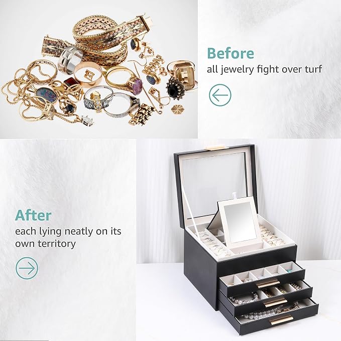 BOOVO Clear Lid Jewelry Box,3 Layers Jewelry Organizer Large Jewelry Storage Box with 2 Drawers,Jewelry Holder Organzier of Rings Earrings Necklace Bracelets for Women (Black, 4 Layer) - Image 7