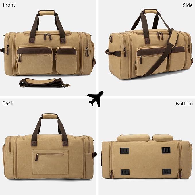 Mens Duffle Bag for Travel 60L Expandable Canvas Weekender Overnight Travel Duffel Bag with Shoe Compartment Carry-On for Airplanes Khaki - Image 7