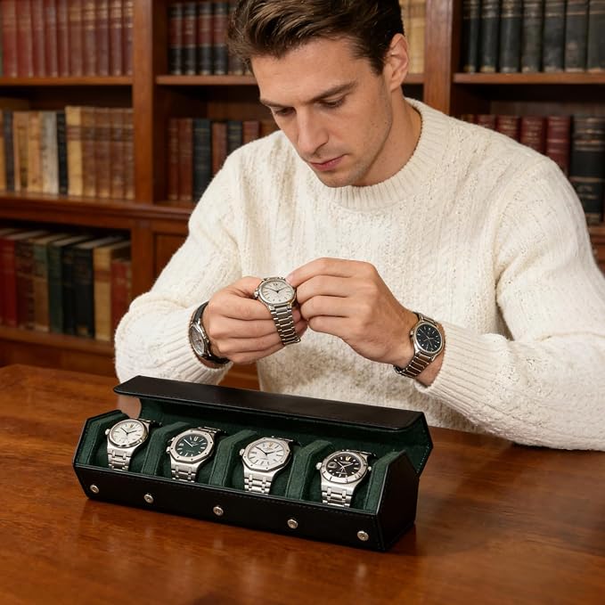 4-Slot Leather Watch Roll Travel Case with Velvet Interior,Black Green | Multiple Watch Capacity,Premium Hexagon Leather,Velvet M-Shaped Cushions,Secure Snap Closure,Storage Organizer - Image 7