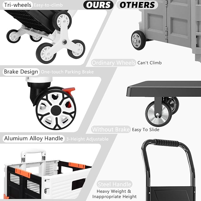 FELICON SELORSS Folding Utility Climber Cart Portable Rolling Crate-White | Stair Climbing Wheels+360°Swivel Wheels,Telescoping Handle,Plastic Box Dolly for Travel Shop Move Laundry Office Teacher Use - Image 7