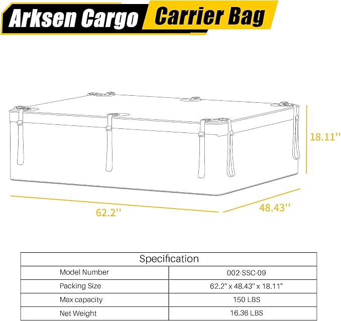 ARKSEN Rooftop Cargo Carrier Bag Extra-Wide 31.5 Cubic Feet Waterproof Heavy Duty Car Roof Rack Bag for Full-Size Cars with 10 Reinforced Straps, 6 Door Hook Straps & Anti-Slip Mat - Image 7