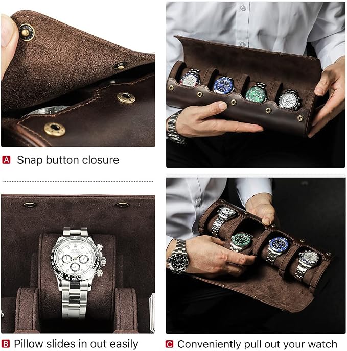 Hiram Leather Watch Roll Travel Case,Vintage Crazy Horse Leather 4-Slots Watch Box with Removable Velvet Pillows, Secure Metal Clasp, Perfect for Daily Display & Business Travel - Image 6