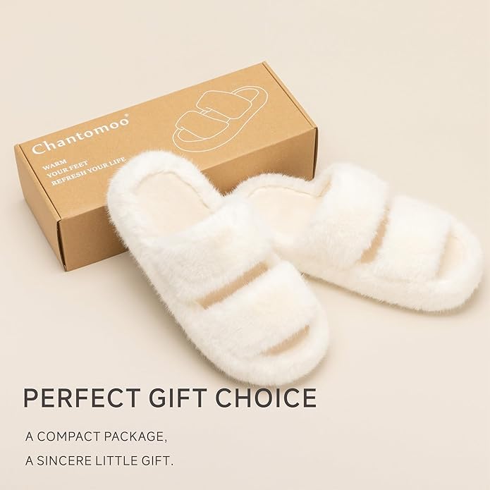 Chantomoo Women's Memory Foam Fuzzy Comfy Faux Fur House Shoes - Furry Bedroom Indoor Open Toe Slippers with Two Bands - Trendy Gift Slippers