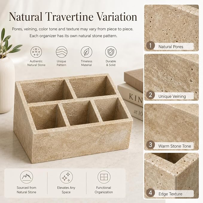 Travertine 5-Compartment Desk Organizer, Beige | Natural travertine with 5 compartments for pens, makeup brushes, skincare bottles, office supplies and vanity items - Image 9