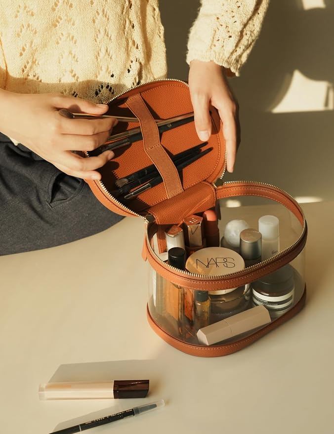 Popvibe Travel Makeup Case Clear Vanity Bag with Brush Holder, Compact Leather Train Case Brown Make Up Bag Storage Organizer Luxury Cosmetic Case Travel Essentials Cute Portable with Handle - Image 7