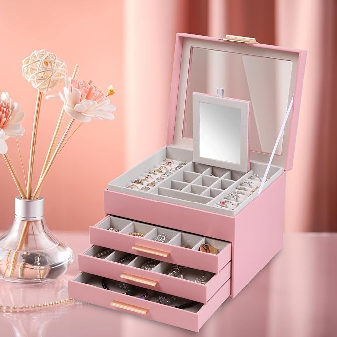BOOVO Clear Lid Jewelry Box,3 Layers Jewelry Organizer Large Jewelry Storage Box with 2 Drawers,Jewelry Holder Organzier of Rings Earrings Necklace Bracelets for Women (Pink, 4 Layer) - Image 7