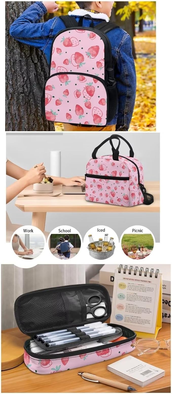 Pink Strawberry Backpack Set for Girls Kids Lightweight Cute School Backpack with Lunch Box Pencil Case Adjustable Strap Padded Book Bag Insulated Lunch Bag - Image 5
