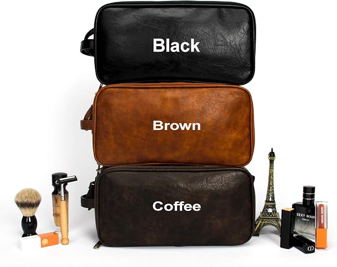 Leather Toiletry Bag for Men Personalized Dopp Kit for Travel Waterproof Shaving Bag Coffee - Image 6