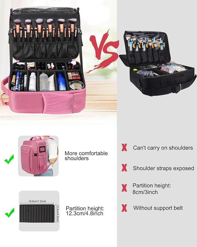 Relavel Makeup Backpack, Professional Travel Train Case Makeup Artist Kit Set Bag for Women Extra Large Cosmetic Organizer, Brush Storage Holder, with Adjustable High Dividers, Rose Pink - Image 7