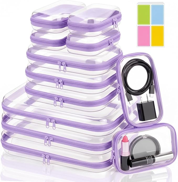 12 Pack Clear Hard Shell Zipper Case with 40 Labels, X-Large/Medium/Small Stackable Clear Pouches, Crush-resistant Travel Toiletry Bag Organizer for Makeup Board Games Electronics (Purple) - Image 8