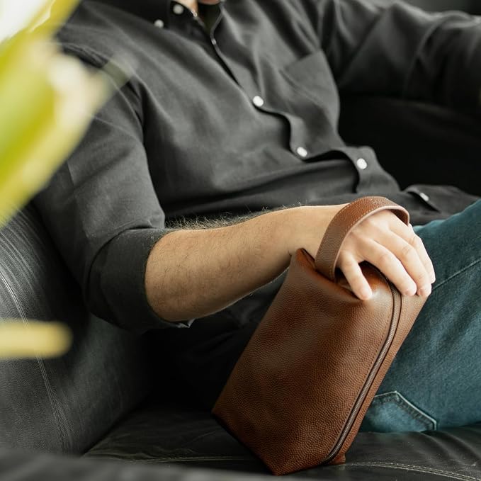 Leather Toiletry Bag for Men – Water Resistant Travel Dopp Kit - Premium Full Grain Leather Cosmetic Case- Perfect Gifts for Him - Mens Toiletry Bag (Whiskey) - Image 6