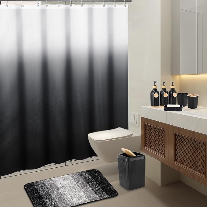32PCS Bathroom Sets with Shower Curtain and Rugs,Bathroom Set Black Bathroom Accessories Black Shower Curtain Set with Bathroom Trash Can - Image 7