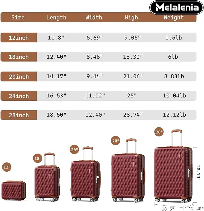 Melalenia Luggage Sets 7 Piece Hard Shell Carry on Suitcase with Spinner Wheels and TSA Lock, Lightweight Travel Duffel Bag for Women, Men, Red Brown - Image 7