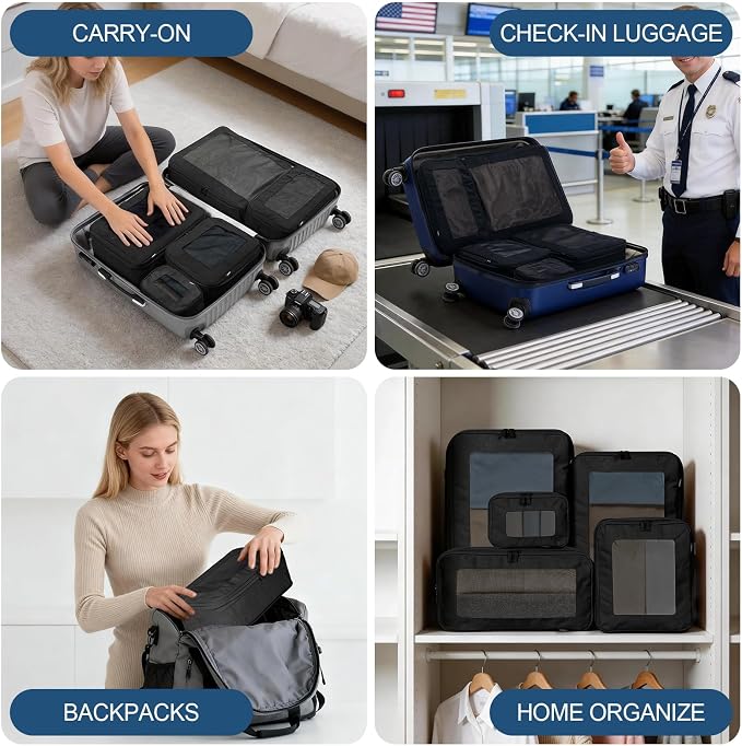 Compression Packing Cubes - Travel Organizer Bags for Suitcases and Luggage, Eco-Friendly Fabric (5-Pack) (Black) - Image 8