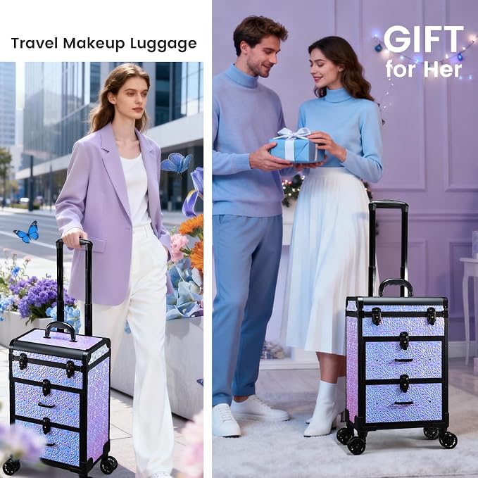 Professional Rolling Makeup Train Case with Drawers, Large Cosmetic Trolley with Locks, Cosmetics Storage Organizer Make up Case for Travel Makeup/Nail Art/Hair Styling, Shiny Pink - Image 8