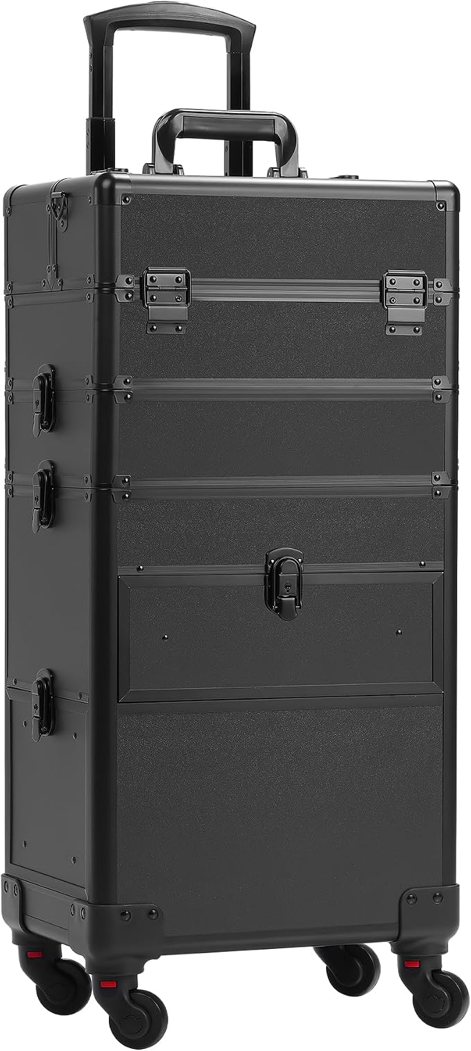 Somduy 4 in 1 Rolling Makeup Case on Wheels with Drawer and Professional Cosmetic Organizers for Salon Barber - Bright Black - Image 8