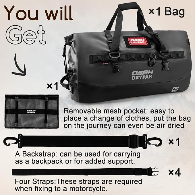 OSAH DRYPAK Waterproof Duffel Bag 25L/40L/60L – Heavy-Duty Motorcycle Tail Bag, Roll-Top Dry Bag for Travel, Camping, Boating, Kayaking, Outdoor Adventure - Image 8