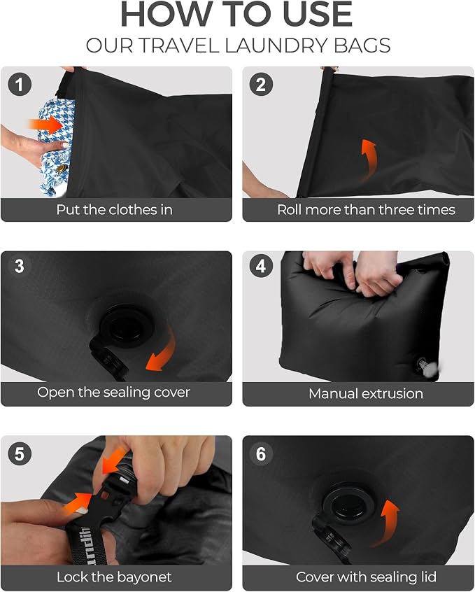 Travel Laundry Bag, Pump-Free Vacuum Compression Dirty Clothes Bag, Reusable Waterproof & Washable Laundry Bag, Wet and Dry Bag, Ideal for Suitcases, Road Trip Essentials (2 Pcs, L+L) Black - Image 7
