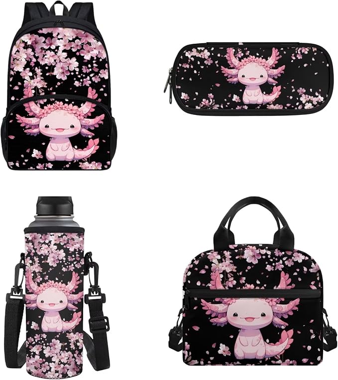 Cartoon Axolotl Schoolbag Set with Lunchbox Pencil Case Water Bottle Sling Bag for Girl,4pcs Cherry Blossom Axolotl Backpack for Elementary Middle School Students,Casual Daypack 17 Inch - Image 5