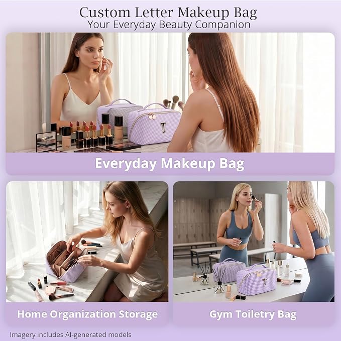 Personalized Gift Travel Makeup Bag: Initial Makeup Organizer Bag for Women | 3-in-1 Custom Make up Bag Set - Vegan Leather Travel Cosmetic Bag - Luxury Gift for Women – Birthday, Anniversary, Graduation - Image 9
