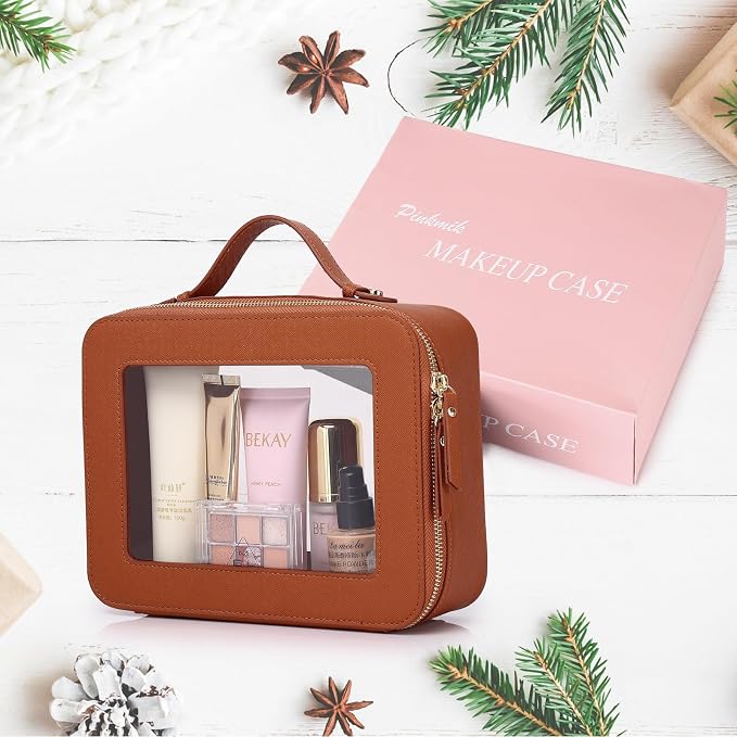 Pinkmik Clear Makeup Bag Waterproof Travel Case for Cosmetics and Toiletries Women's Makeup Organizer and Car Bag with Zipper (X/Brown, L) - Image 7