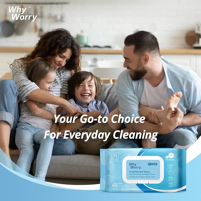 WhyWorry Flushable Wipes for Adults, Extra Large 8"x10" Butt Wipes for Personal Hygiene & Cleansing, Chamomile and Vitamin E, 100% Plant-Based, Septic & Sewer Safe, Sea Incense, 384 Count (8 Packs)