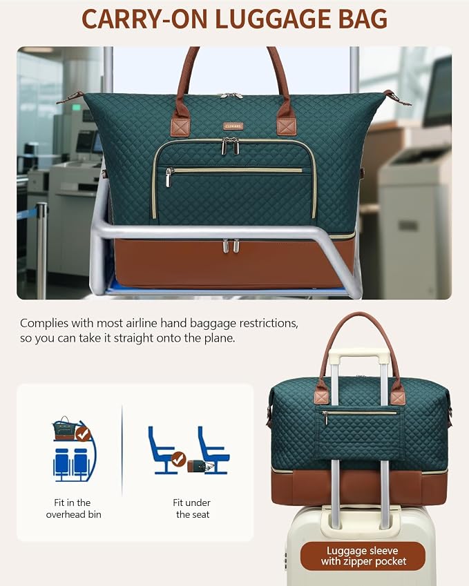 Weekender Bags for Women Travel, Under Seat Carry On Bags for Airplanes Overnight Bag with Shoe Compartment Luggage Sleeve, Foldie Travel Tote Bag Hospital Bag, Travel Gifts, Green Brown - Image 6