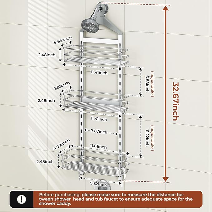 Orimade Aluminum Hanging Shower Caddy Over Head, Adjustable Anti-Slip Bathroom Shelves with Hooks, Rustproof Shower Organizer Storage Rack, Silver 3 Tier - Image 8