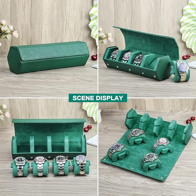 Hiram Genuine Leather Saffiano Leather Watch Roll Travel Case, Leather 4-Watches Roll Case for Treasured Watches and Bracelets(Green) - Image 6