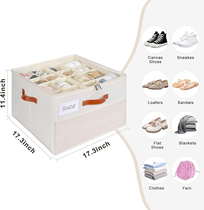 Shoe Organizer for Closet, Shoe Storage Box, Foldable Shoe Box with Adjustable Dividers and Clear Cover, Closet Shoe Organizer Fits up to 16-32 Pairs, Extra Storage Pocket for Socks (2 Pack) - Image 9
