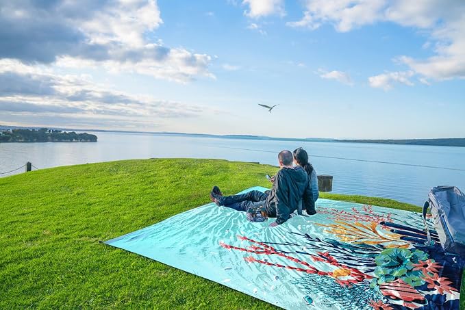 WEKAPO Beach Blanket Waterproof Sandproof Oversized, Extra Large Beach Mat Sand Free, Lightweight & Compact Sand Free Mat with 5 Stakes & 4 Corner Pockets - Image 9