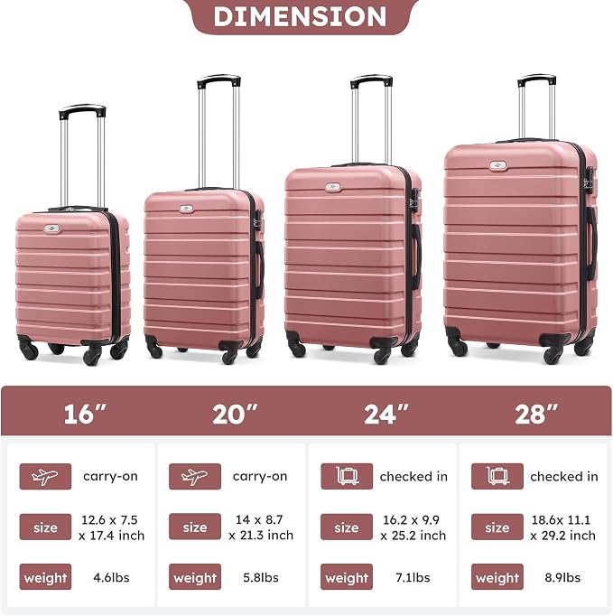 Suitour 4 Piece Luggage Sets, Hard Shell Suitcase Set with Spinner Wheels 16 20 24 28inch Travel Sets(Rose Gold) - Image 9