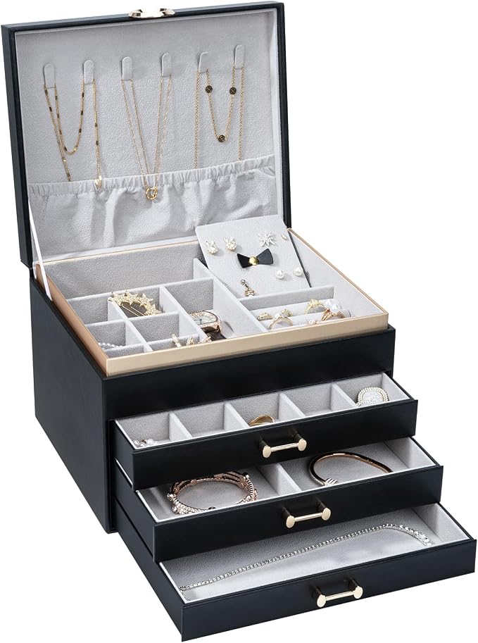 Jewelry Boxes for Women, Large Jewelry Storage Boxes, 4-Layer Leather Jewelry Organizer with 3 Drawers, Jewelry Display Case Gift for Women Girls, Black - Image 9