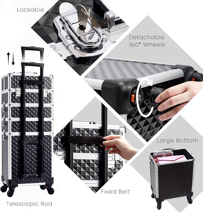 Faquenc Rolling Makeup Case with Wheels Professional 4 in 1 Cosmetic Train Case and Cosmetology Cart Trunk for Makeup Artists Hairstylists Nail Techs and Salons Large Storage Capacity, Black - Image 7