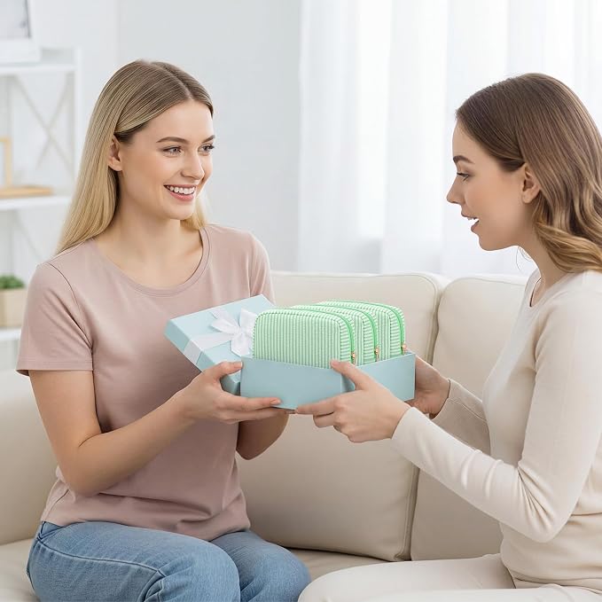 Sanwuta 6 Seersucker Cosmetic Bag Bulk Striped Makeup Bag for Women Aesthetic Cute Travel Toiletry Organizer Preppy Storage Pouch for Wedding Bridesmaid Mother's Day Teacher Gift (Small,Green) - Image 7